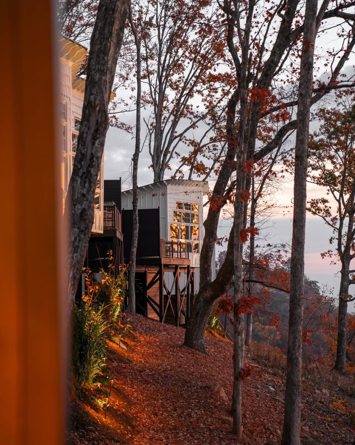 Treehouse glowing at dusk surrounded by fall foliage at BOLT FARM Treehouse