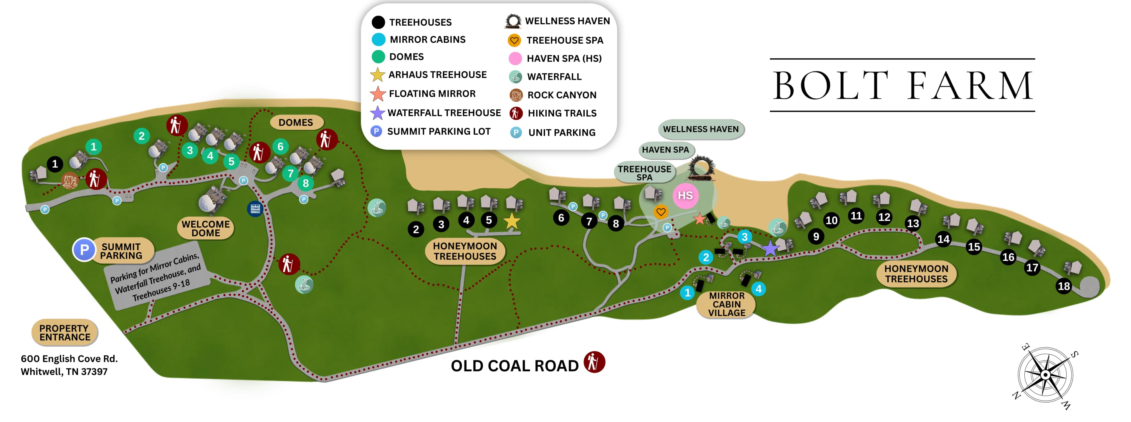 BOLT FARM Treehouse property map showing treehouses, mirror cabins, domes, spas, trails, and parking